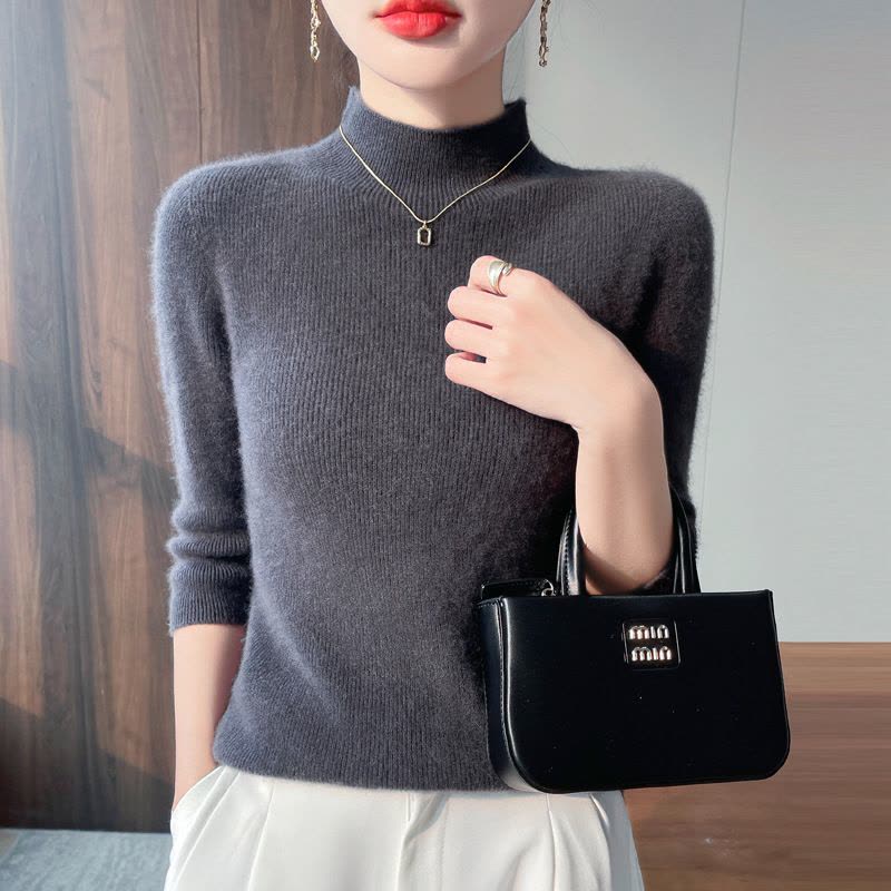 早春新款半高领针织衫短袖女宽松套头内搭毛衣抽条显瘦打底衫图片