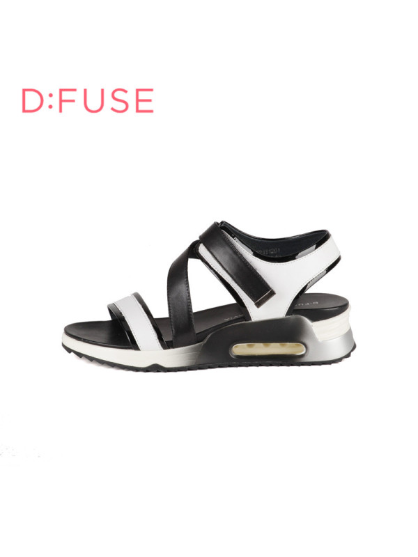 迪芙斯D:FUSE牛皮尖圆头中跟魔术贴拼色凉鞋女DF52111201