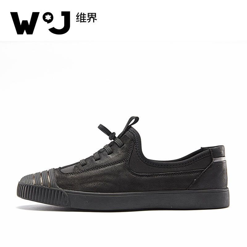 维界W*J板鞋男拼接时尚牛皮拼布舒适板鞋 黑色 41图片