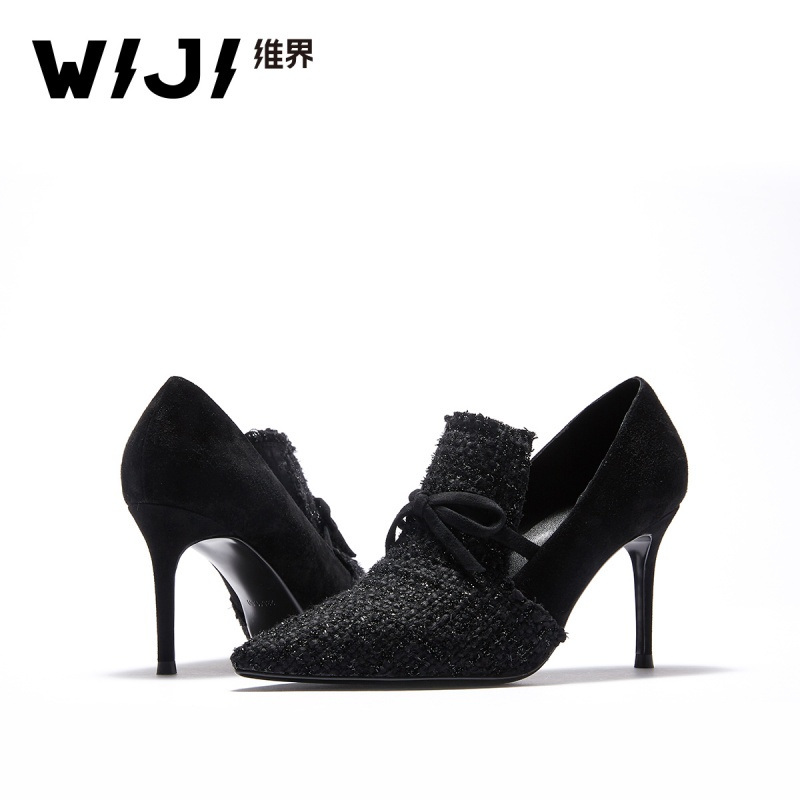 WIJI女鞋2018维界新款秋季细跟浅口高跟鞋宴会舞鞋ins潮品水钻鞋