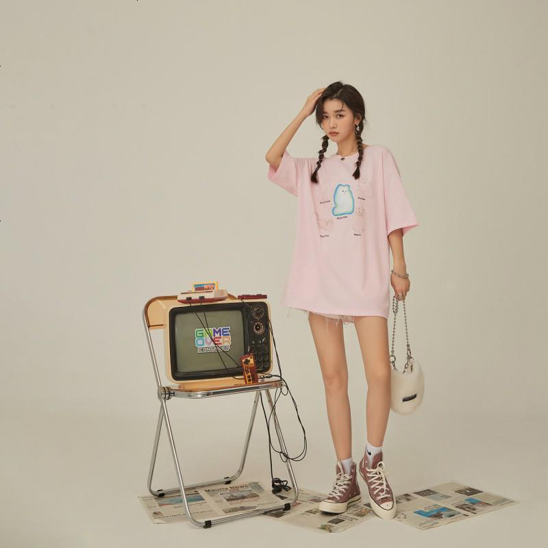 OtherMix可爱猫咪T恤2021年夏季新款动物印花宽松短袖圆领女上衣