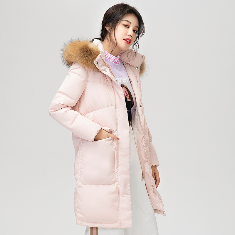 高梵（GOLDFARM）秋冬时尚大毛领白色羽绒服女中长款加厚连帽韩版外套