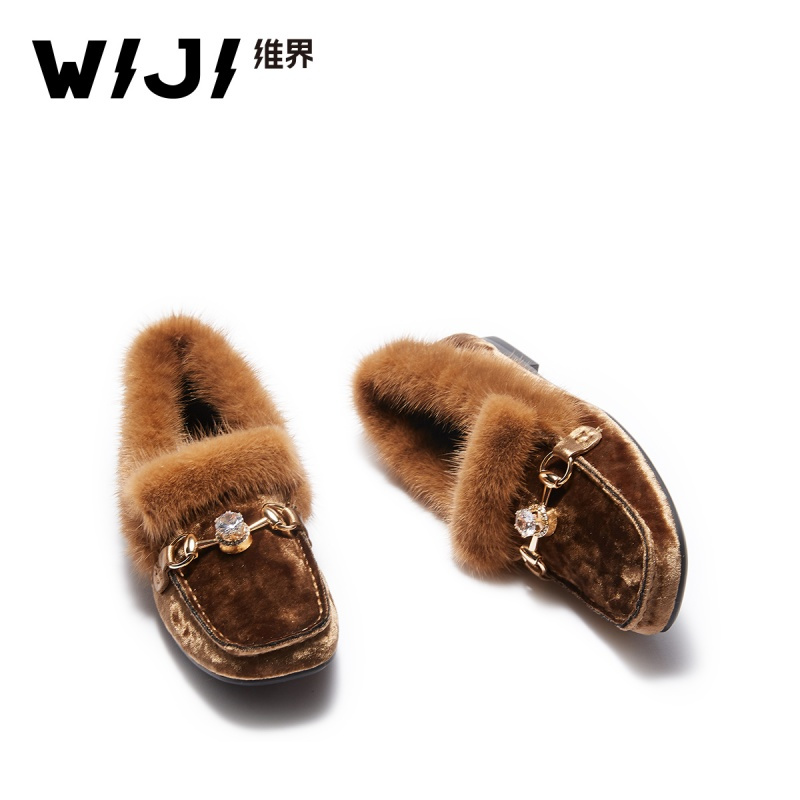 WIJI2018秋冬新款街头工艺单鞋时尚休闲潮流个性方头舒适珍珠点缀