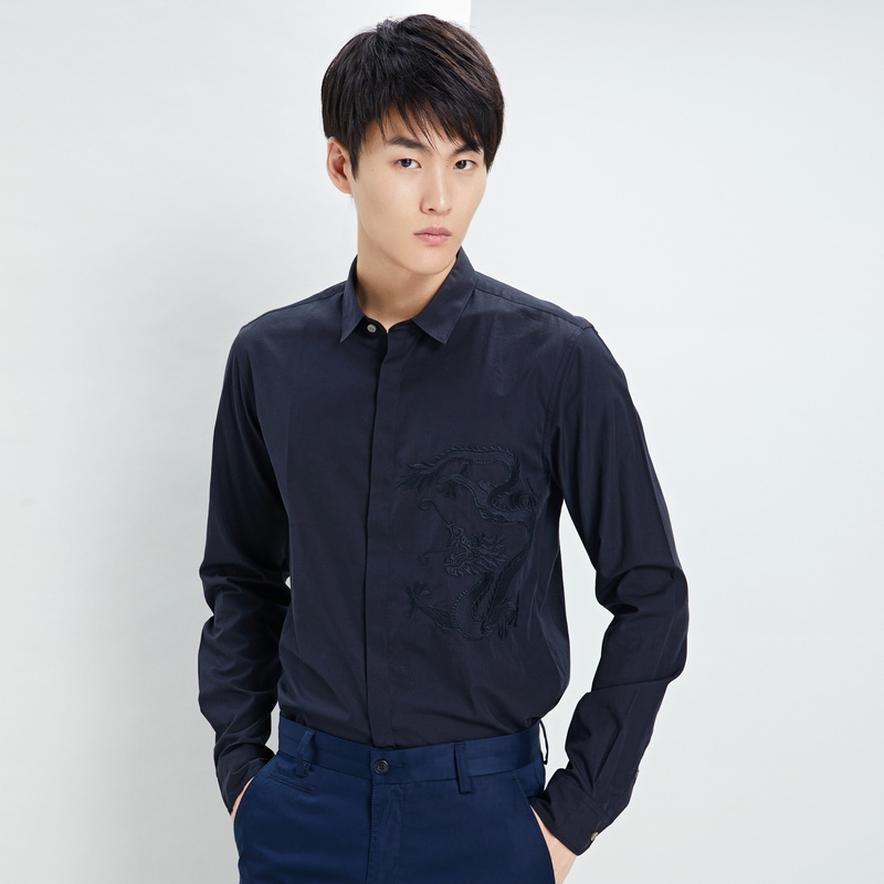 鄂尔多斯ERDOS 春夏纯棉刺绣舒适时尚休闲男士长袖衬衫