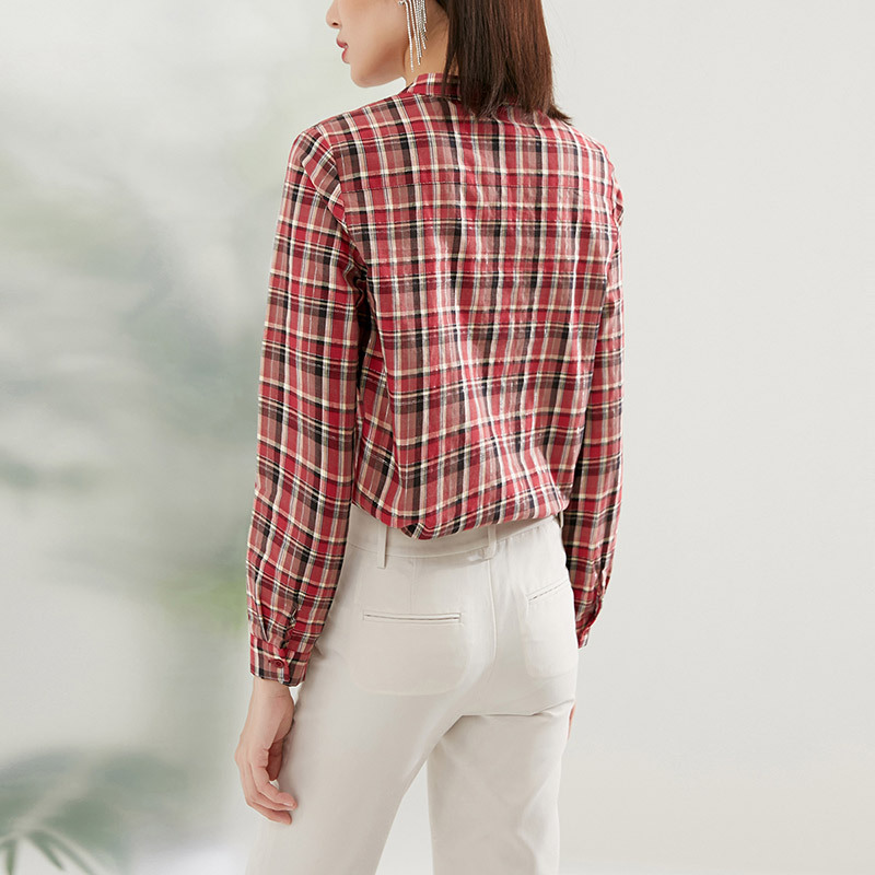 晚白2021春季新品简约复古格子立领长袖休闲百搭减龄衬衫衬衣女