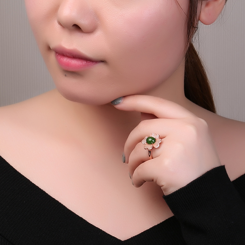 印象眸 金镶玉和田玉碧玉 s925银镀18k玫瑰金戒指女款花朵镶钻戒指