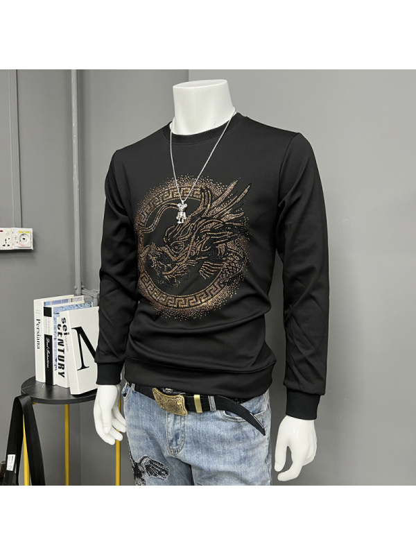 本命年红色长袖卫衣男龙年冬季时尚烫钻青年网红T恤打底衫潮