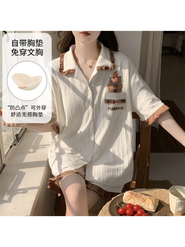 带胸垫夏季女仿棉开衫短袖宽松加大码翻领韩版卡通休闲家居服套装