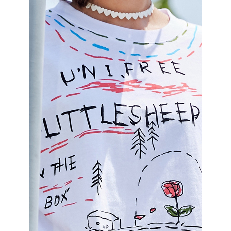 UNIFREE2018夏新童话系列圆领手写字母彩印落肩宽松T恤UH182G219