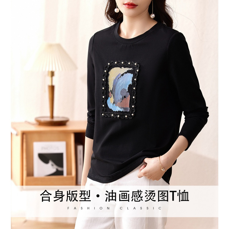 OUNIXUE欧昵雪 | 2023春季休闲油画烫图圆领T恤女士长袖时尚套头百搭上衣