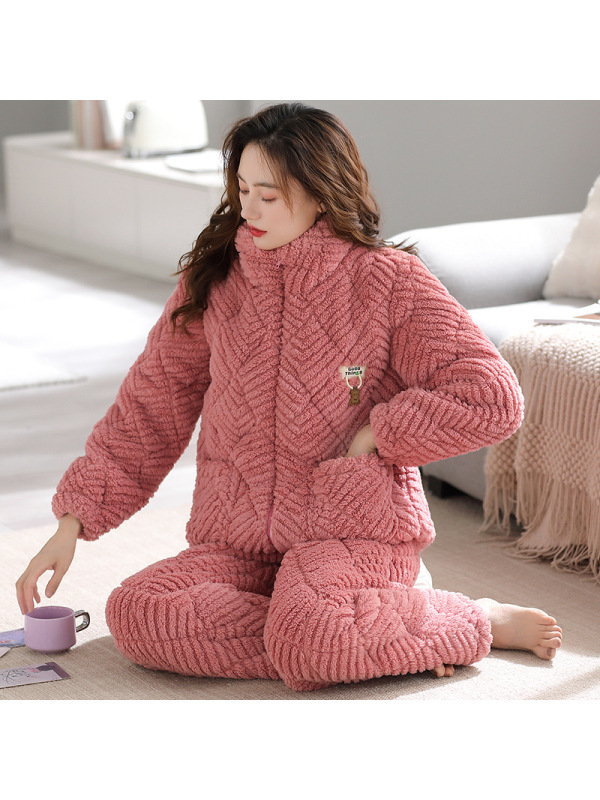 女士三层加厚珊瑚绒夹棉睡衣秋冬季法兰牛奶绒保暖棉袄家居服套装