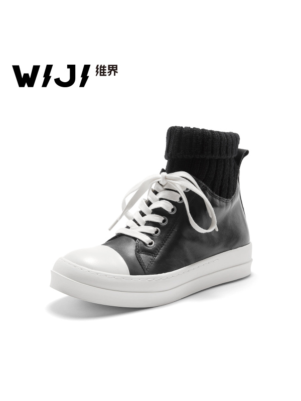 WIJI高帮鞋韩版新款时尚女士休闲鞋潮毛线筒平底百搭个性高帮板鞋