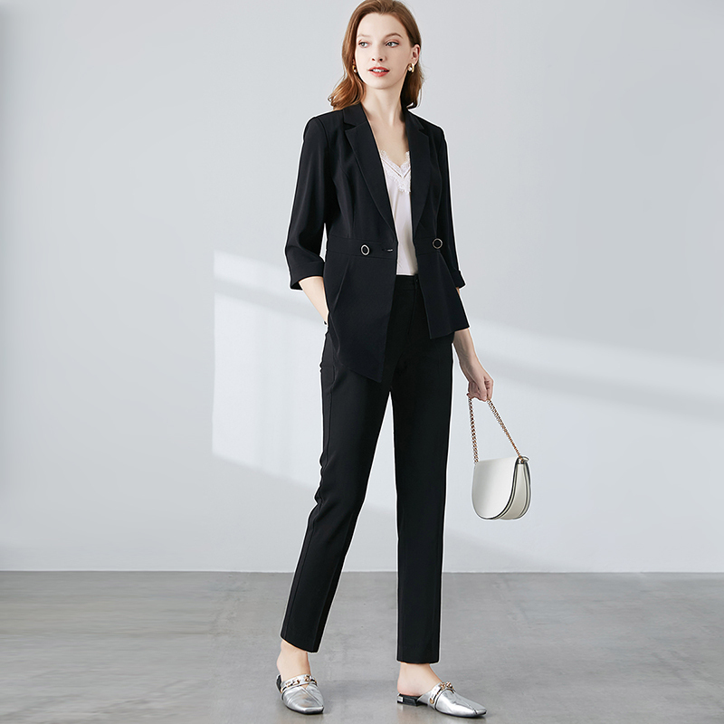 晚白2020秋季新品两件套纯色西装外套高腰西装休闲裤时尚套装女