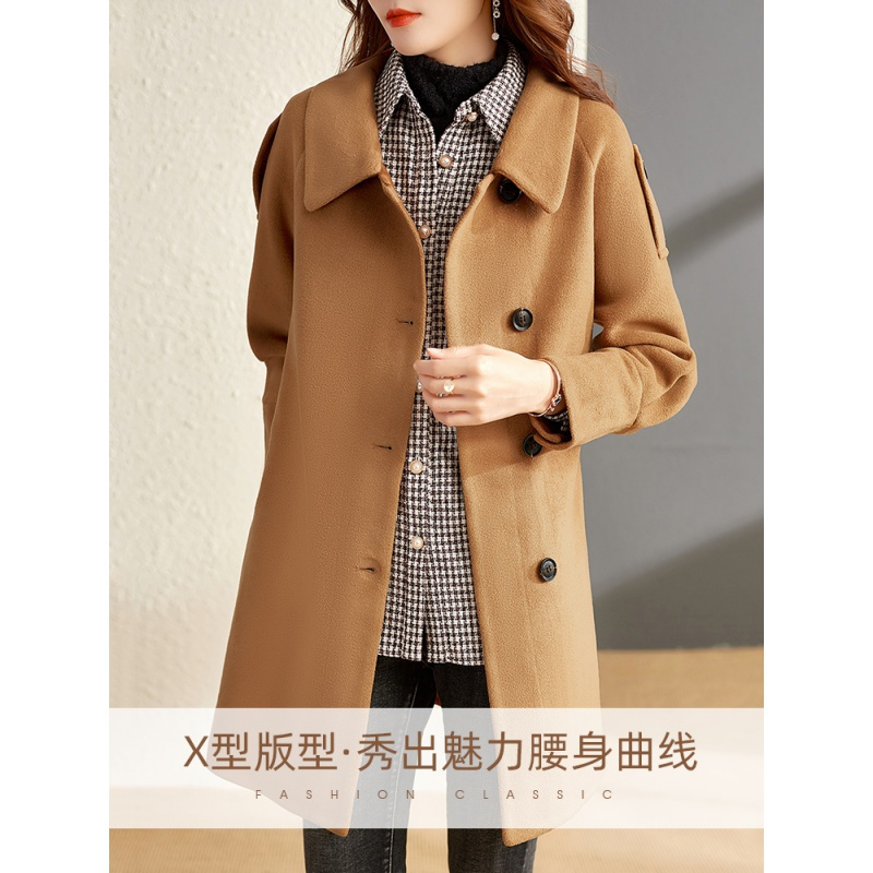 欧昵雪秋冬毛呢外套女复古翻领时尚系带中长款呢子大衣