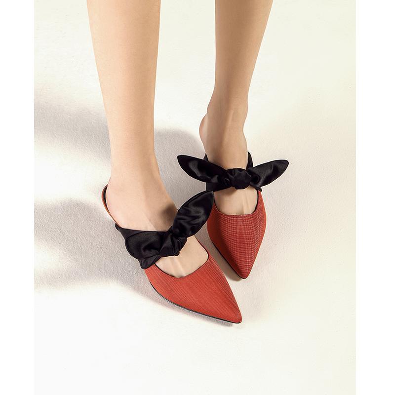 aita艾塔 春季新款女拖鞋尖头中跟女鞋细跟蝴蝶结丝带鞋子女