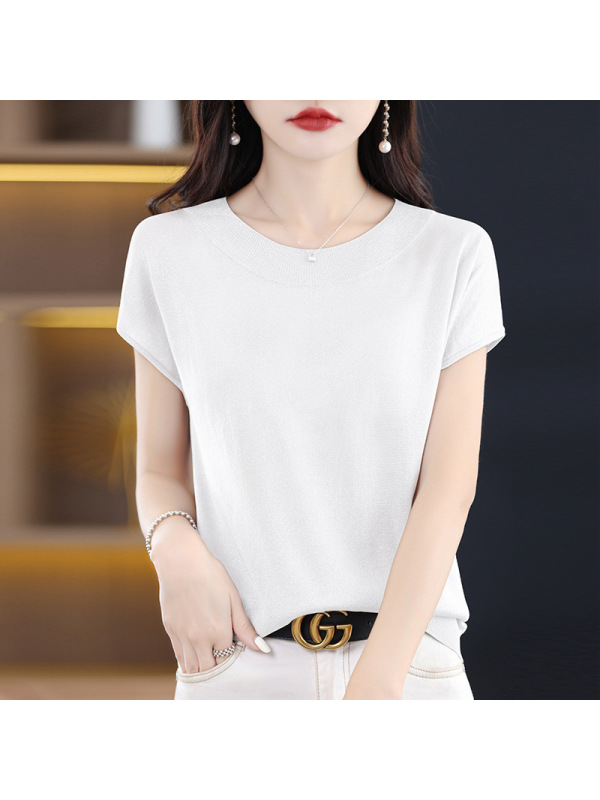 冰丝短袖T恤女夏季新款亮丝气质针织衫亚麻圆领上衣薄款百搭宽松