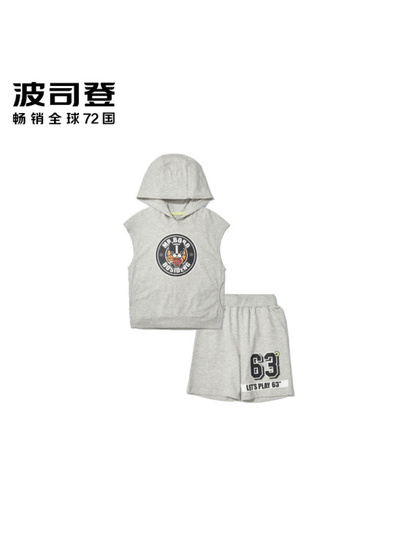 波司登童装夏季卡通印花连帽T恤运动短裤套装