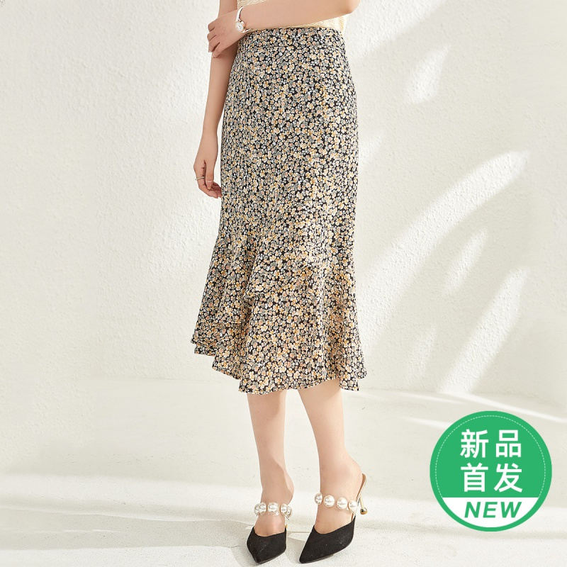 OUNIXUE欧昵雪 | [浪漫修身碎花裙]夏季田园风荷叶边休闲中长款女士半身裙