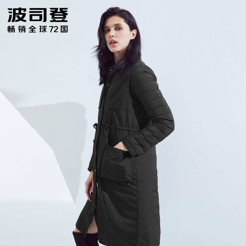 波司登假两件羽绒服女中长款拼接收腰修身显瘦风衣外套