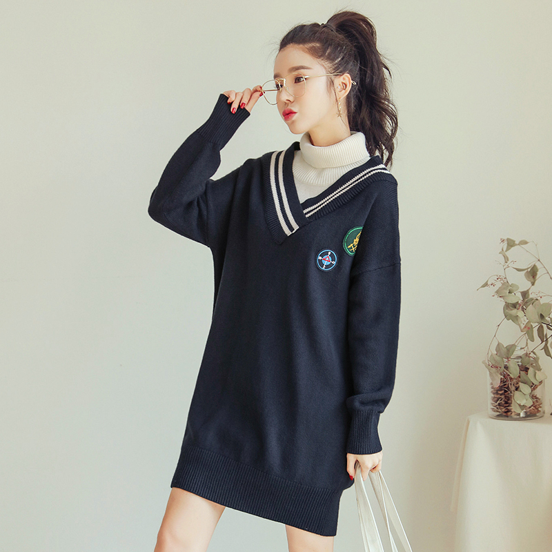 韩都衣舍2018新款女秋韩版宽松显瘦假两件学生打底连衣裙瑒