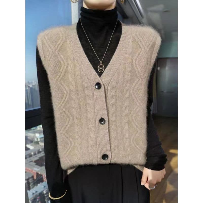 秋冬新款加厚V领菱形仿羊毛马甲女软糯亲肤不扎针织开衫外穿背心图片