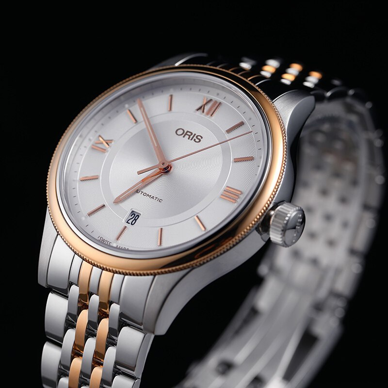 oris豪利时瑞士手表文化系列经典日历银盘间金钢带自动机械男士手表