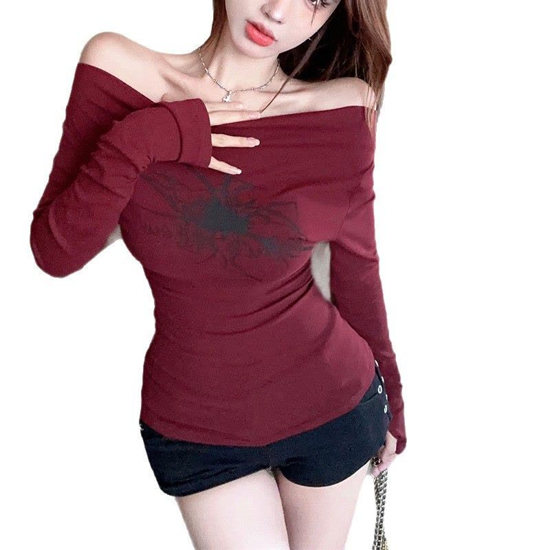 纯欲辣妹性感斜肩上衣女网红INS美式红色长袖T恤一字肩打底衫内搭图片