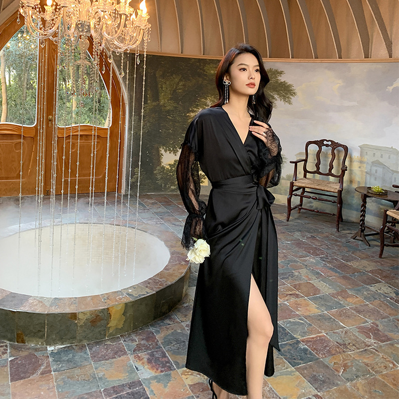 Ceba新款感轻奢缎面睡衣女薄款蕾丝晨袍浴袍可外穿家居服