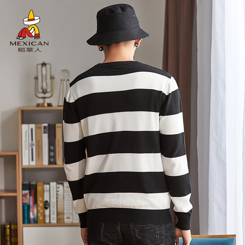 稻草人针织衫男2019秋冬新品潮流条纹男士青年打底衫圆领套头毛衣男装