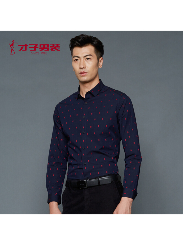 才子男装商场同款男装长袖衬衫男2018秋季复古印花时尚修身商务休闲衬衣男红色