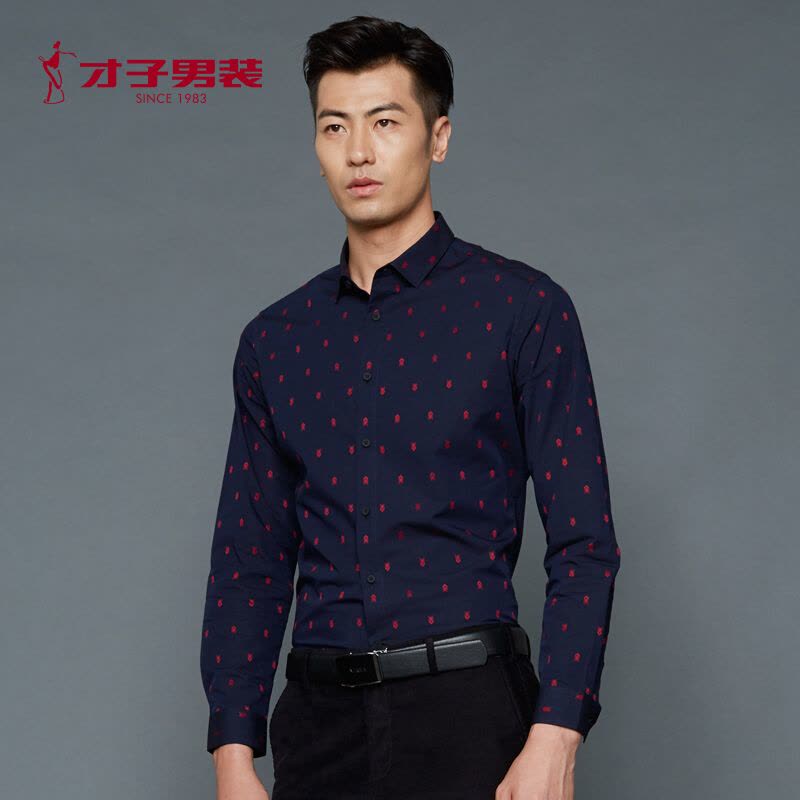 才子男装商场同款男装长袖衬衫男2018秋季复古印花时尚修身商务休闲衬衣男红色图片