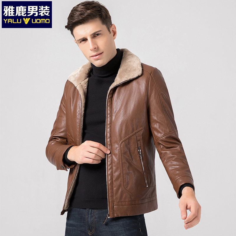雅鹿男装加绒加厚中年冬季保暖皮衣外套爸爸装 18601