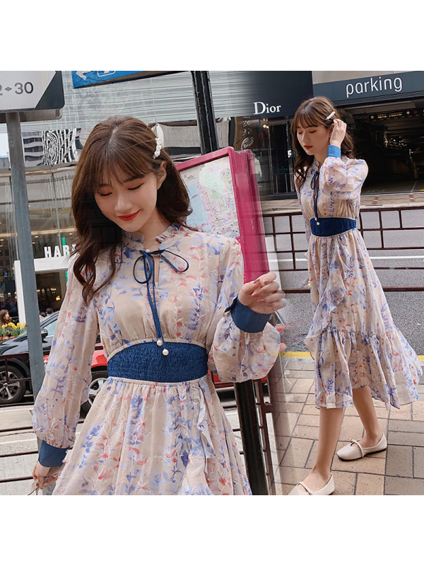 【COMEACROSS】2019年春季时尚潮流舒适简约个性拼色长袖中长款连衣裙