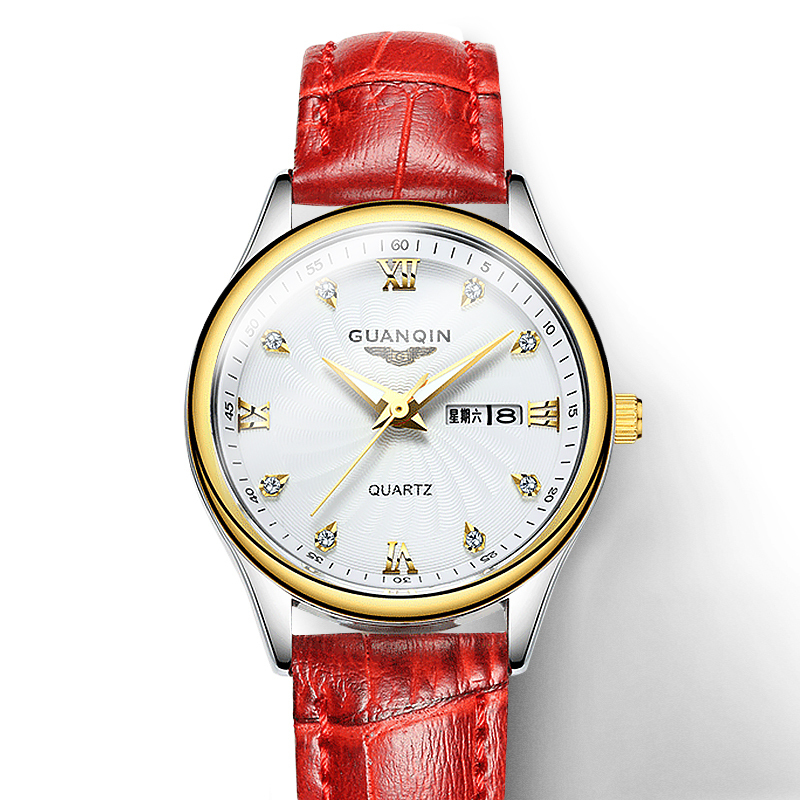 冠琴guanqin手表女士潮流时尚韩版石英表镶钻真皮中学生表防水夜光