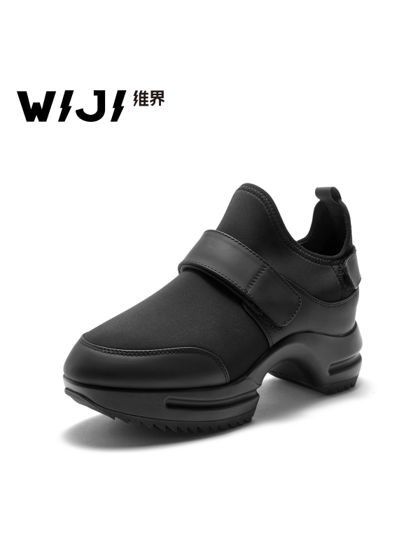 WIJI女鞋春季新款粗跟韩版时尚增高休闲鞋浅口个性魔术贴百搭单鞋