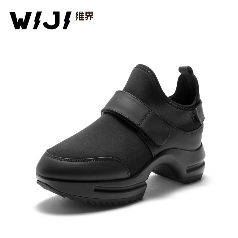 WIJI女鞋春季新款粗跟韩版时尚增高休闲鞋浅口个性魔术贴百搭单鞋图片