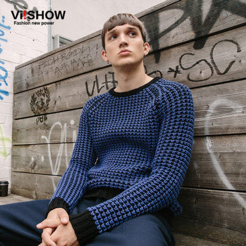 viishow潮牌秋男士针织衫套头圆领撞色毛衣青年毛线衫_1
