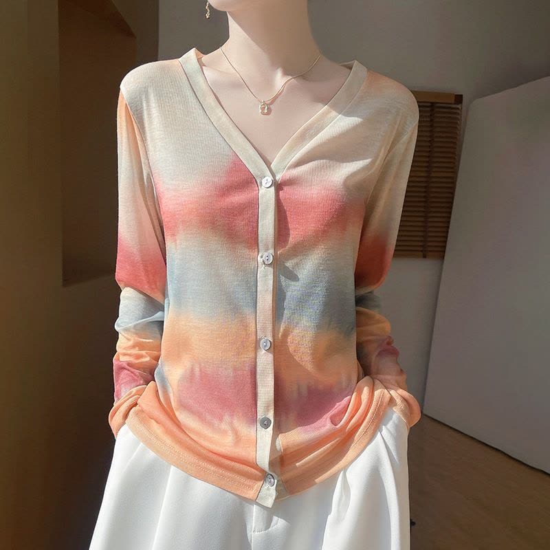 文艺水墨晕染针织衫女V领精纺天丝防晒长袖春秋叠穿内搭打底衫图片