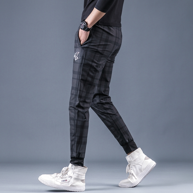 铂瑟2020夏季新款格子刺绣弹力休闲裤男修身束脚裤