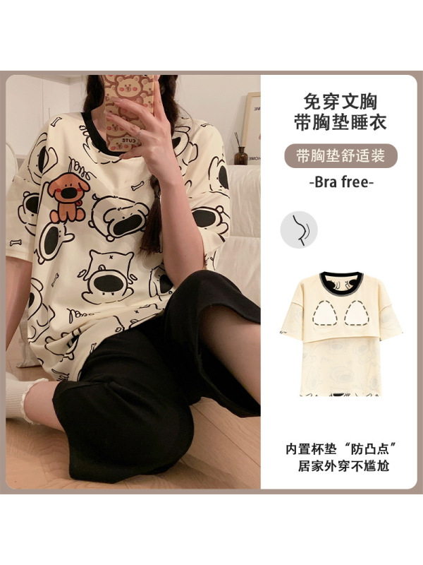 夏季新款带胸垫女士睡衣短袖七分裤套装卡通休闲简约家居服可外穿