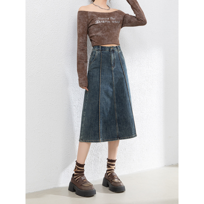 韩版复古中长牛仔裙女2025年春季大码高腰宽松A字半身裙