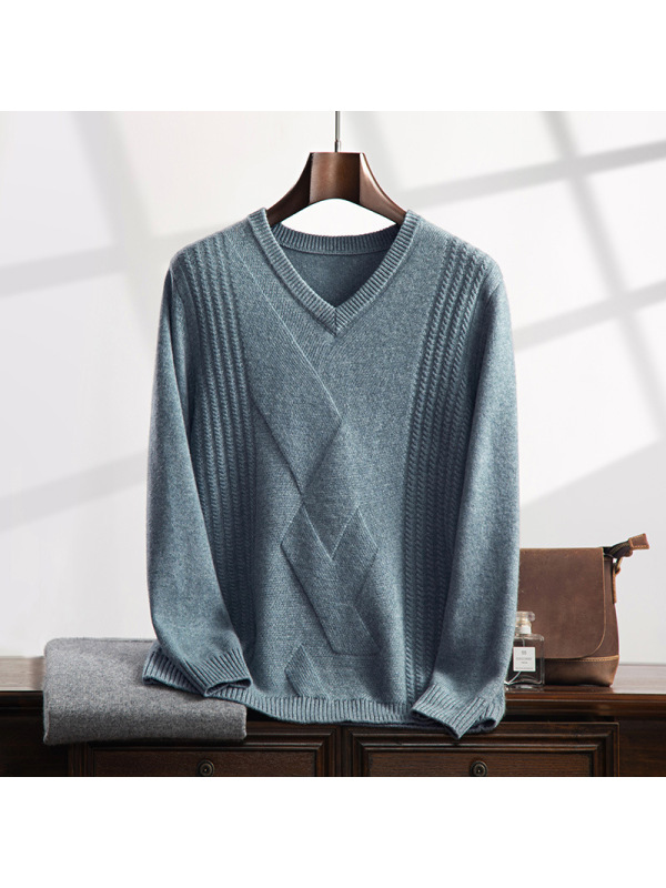 秋冬v领男士套头打底衫大码宽松鸡心领提花毛衣男中年加厚羊绒衫