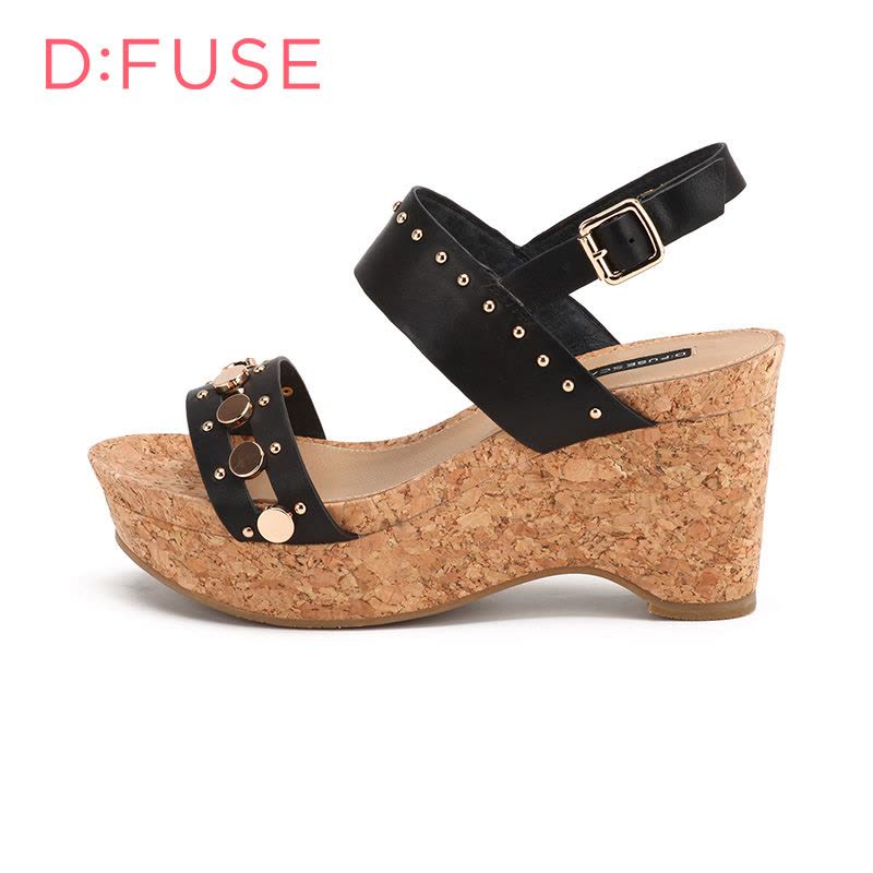 D：Fuse/迪芙斯新款牛皮铆钉防水台舒适高坡跟女鞋凉鞋DF62111072图片