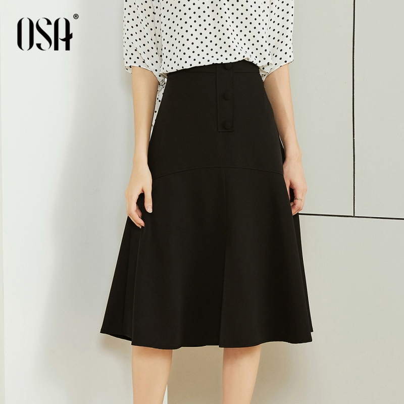 OSA欧莎a字半身裙2019新款夏中长款黑色职业裙女适合胯大腿粗裙子