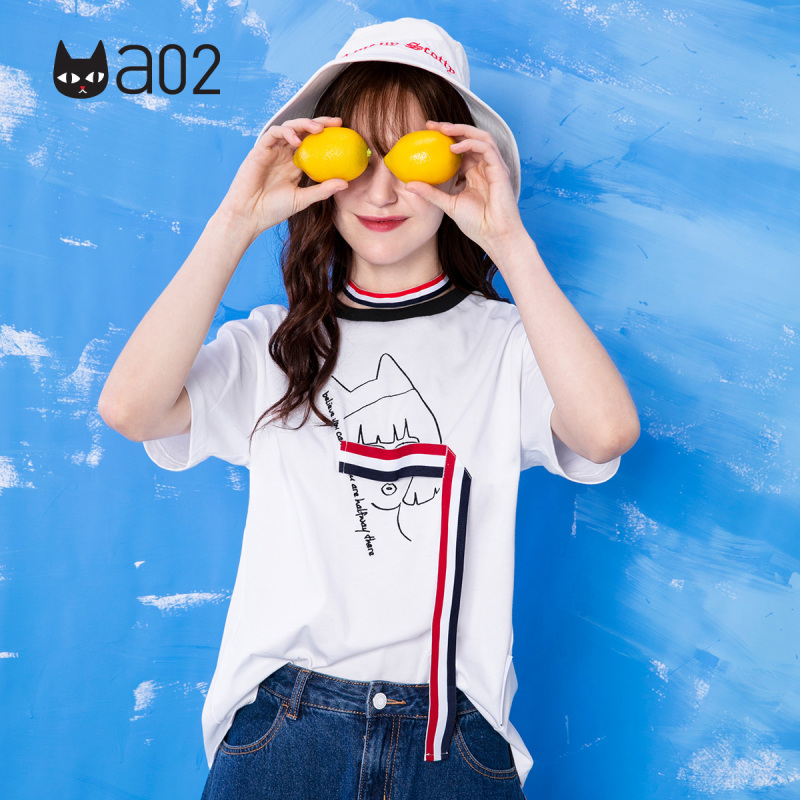 a02新款潮流青年个性飘带简约英伦风T恤女DTU1A0481KT
