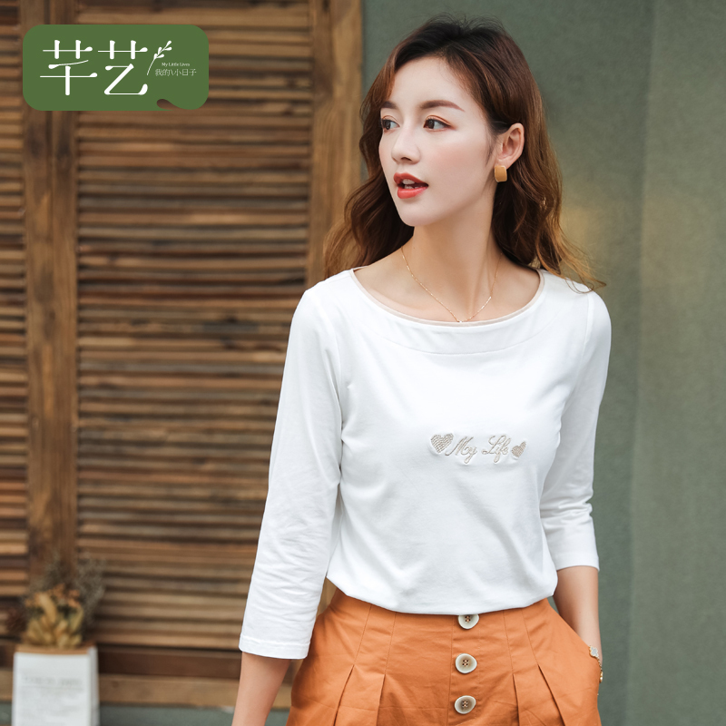 芊艺白色圆领t恤女2019早秋新款韩版套头体恤七分袖绣花上衣10330