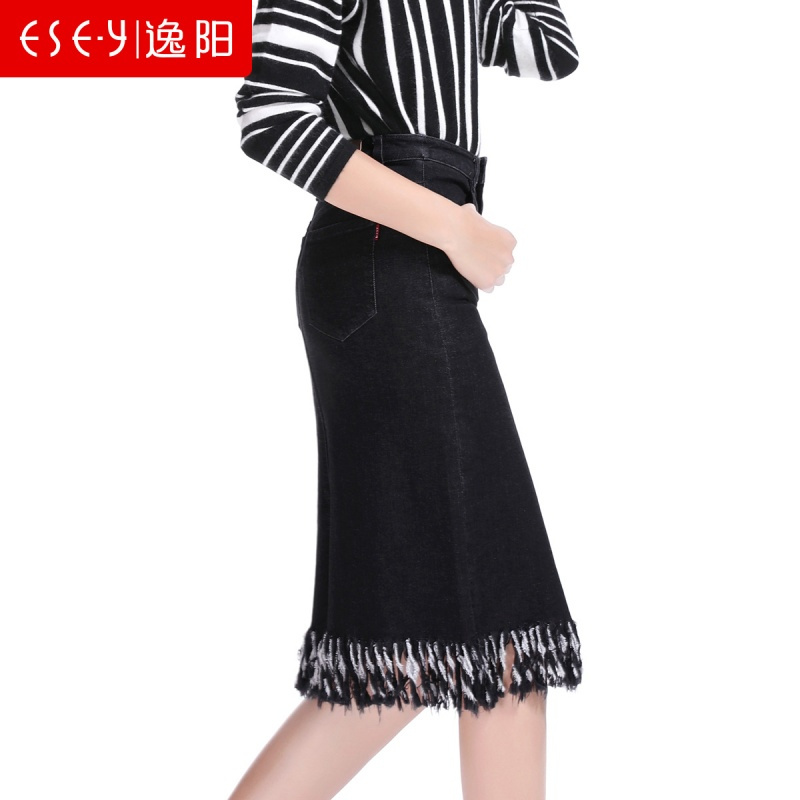 2018秋季新款chic牛仔半裙原宿睫毛边时尚中长半身裙72207