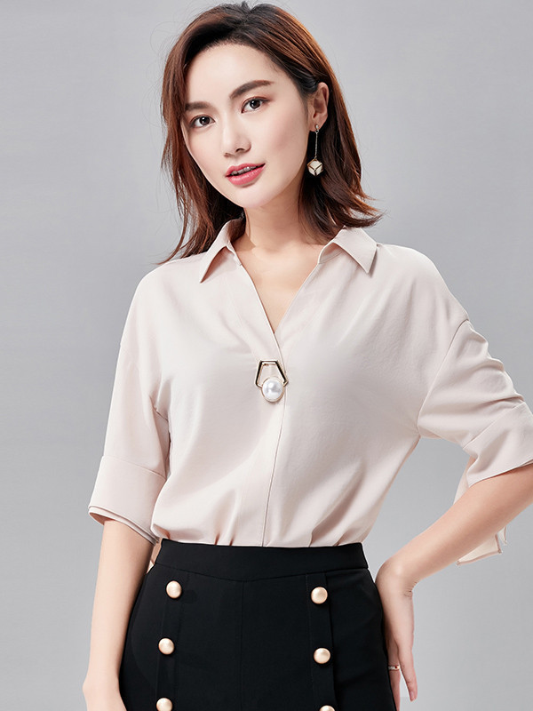 欧昵雪夏套头衬衫女短袖通勤ol气质宽松显瘦钉珠v领衬衣x