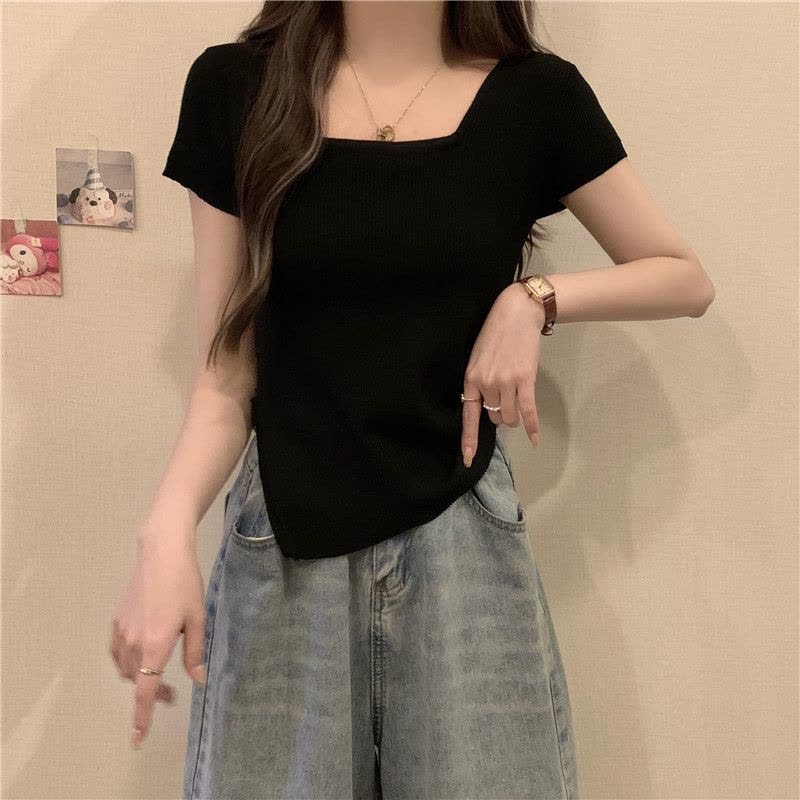 夏季新款不规则方领条纹甜辣风显瘦遮肚短袖T恤针织衫上衣女图片