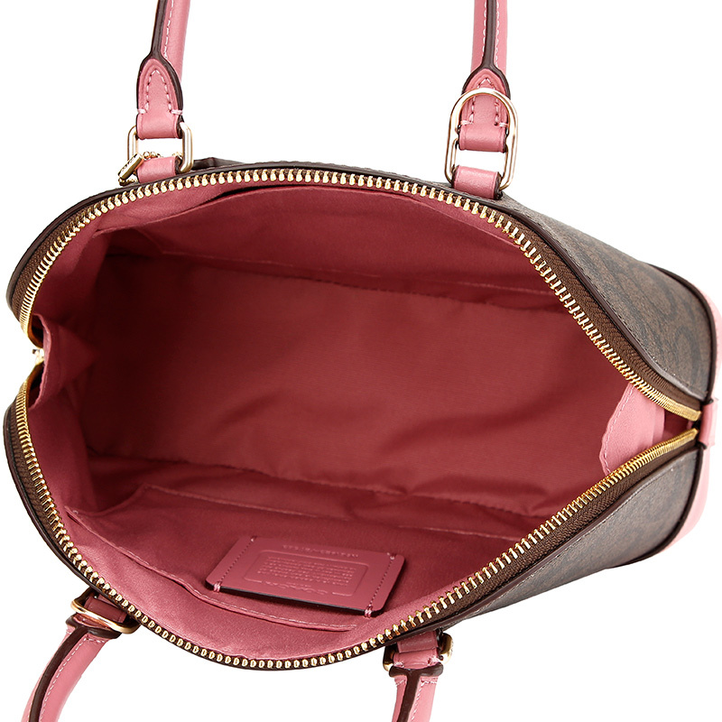 coach蔻驰奢侈品女士深咖拼色logo人造革手提单肩斜挎贝壳包f27583imp